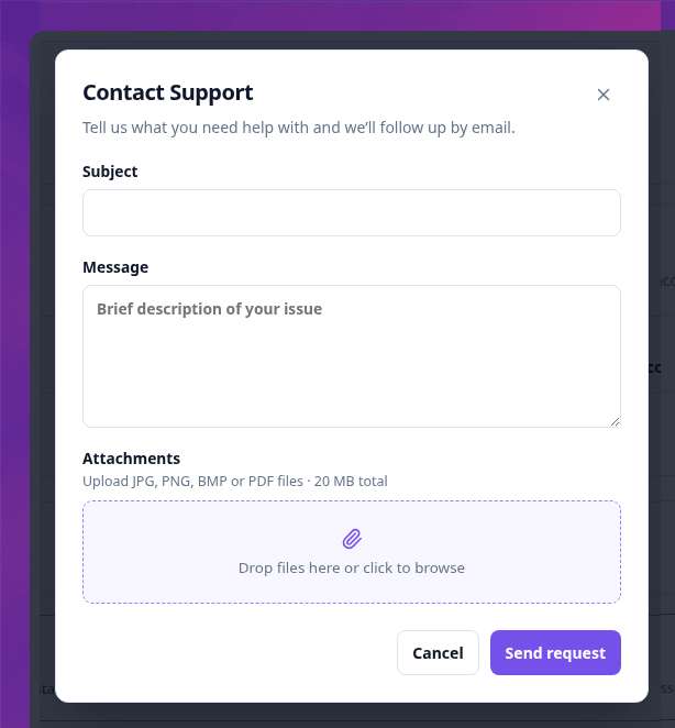 Empty Contact Support form