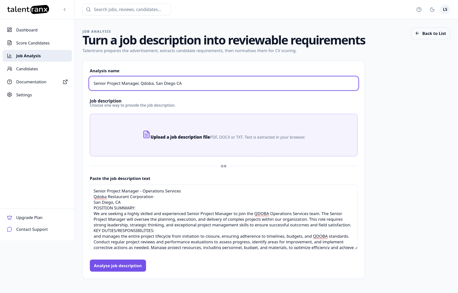 New job analysis page