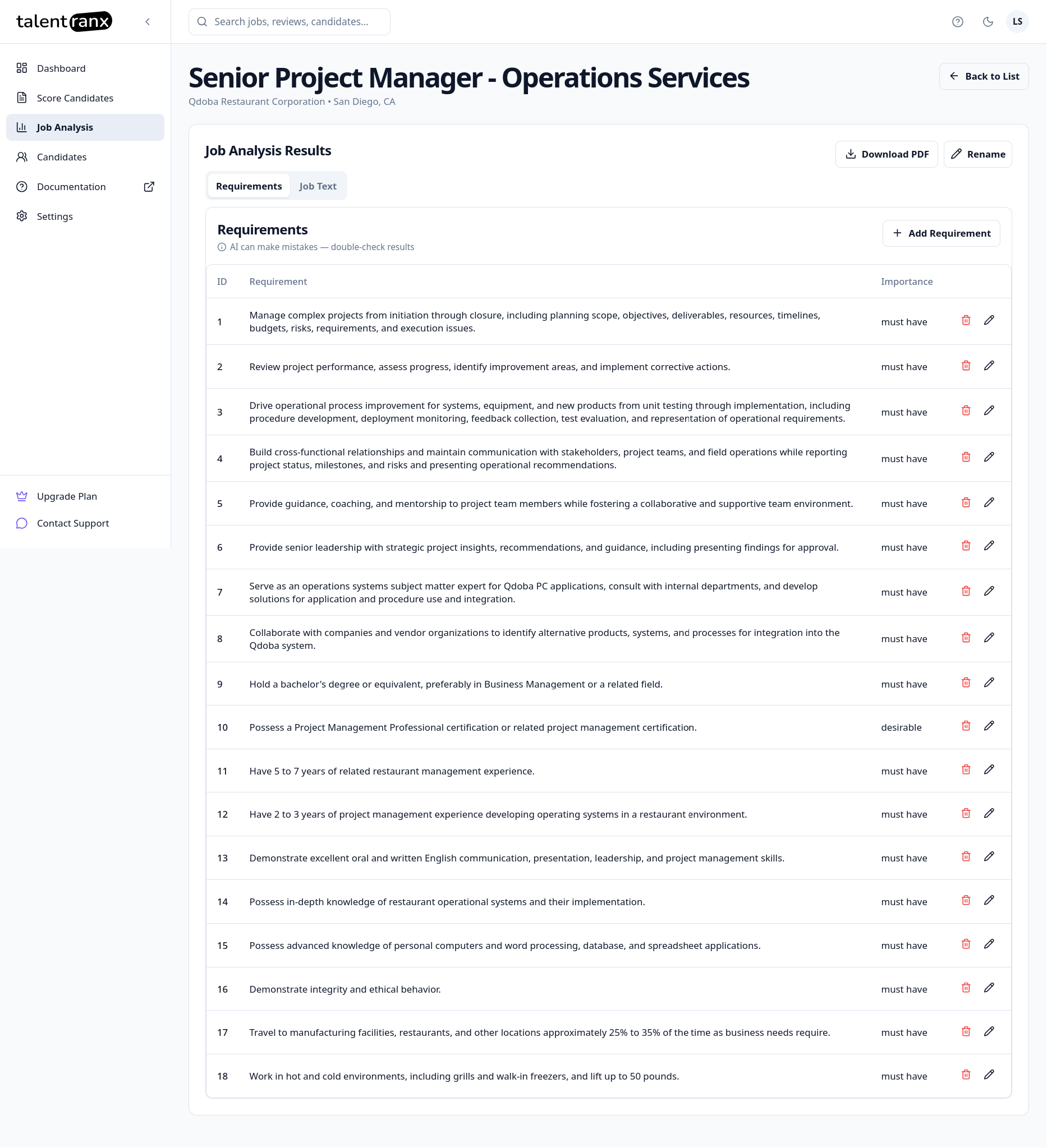 New job analysis results page