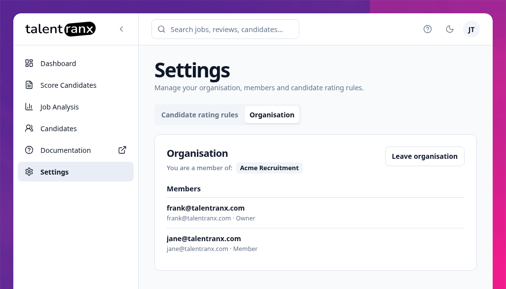 Organisation settings for a member