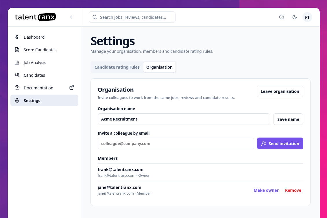 Organisation settings for an owner