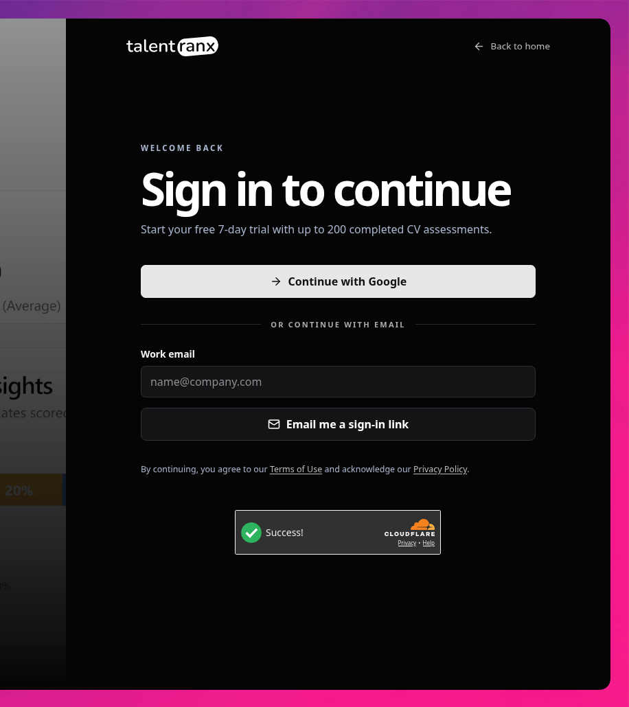 Talentranx self-service sign-in screen